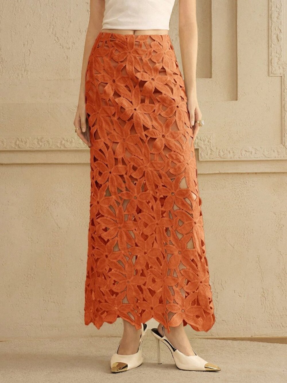 Orange Elegant Women's Floral Cutout A-Line - Date Floral Lace, Openwork Skirt